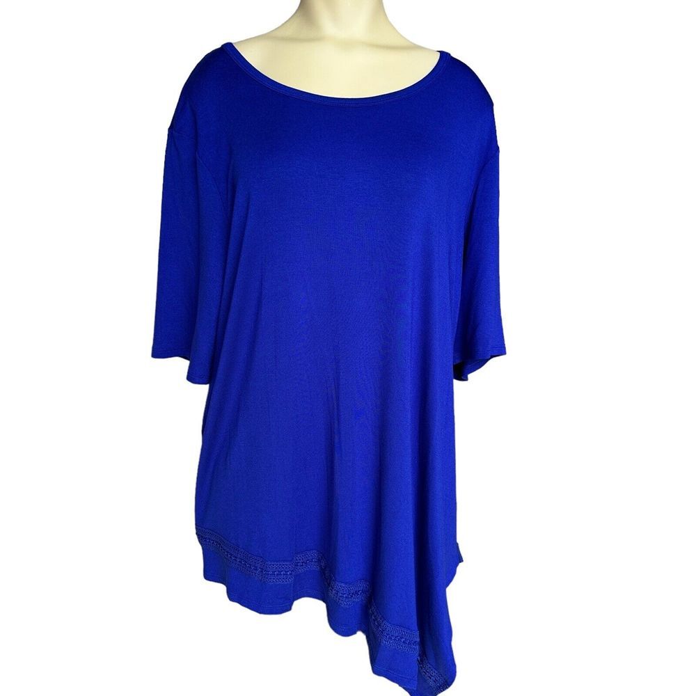 Chico's Tunic Shirt Extra Large Blue‎ Knit Asymmetrical Crochet Hem Flutter NWT